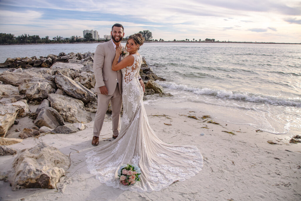 bride and groom on the beach