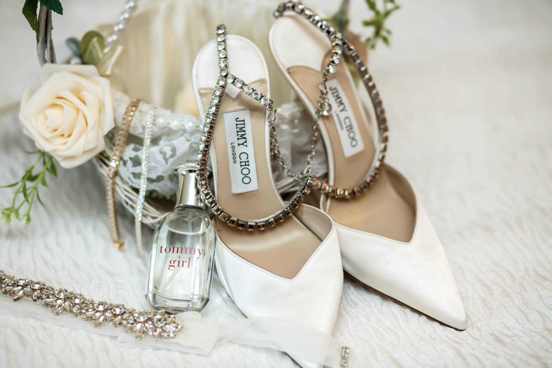 Jimmy Choo wedding shoes, perfume, and jewelry